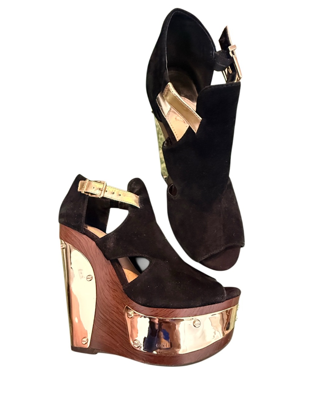 Kelsi Dagger Black Suede Wedges with Gold Metallic Trim *RARE*